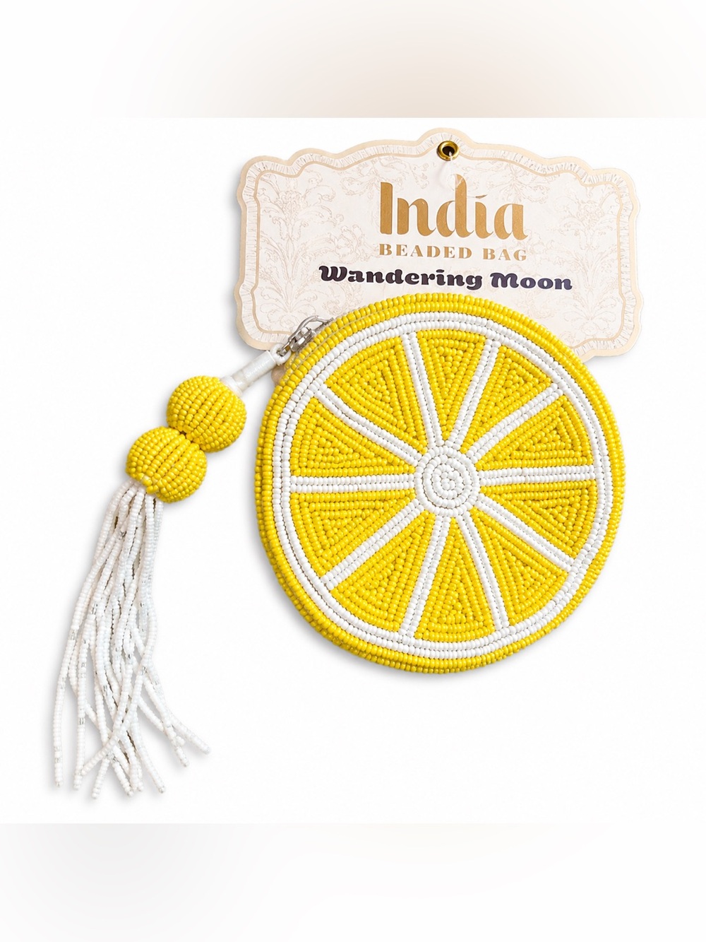 Wandering Moon Lemon Slice Beaded Coin Purse Tassel Keychain Yellow